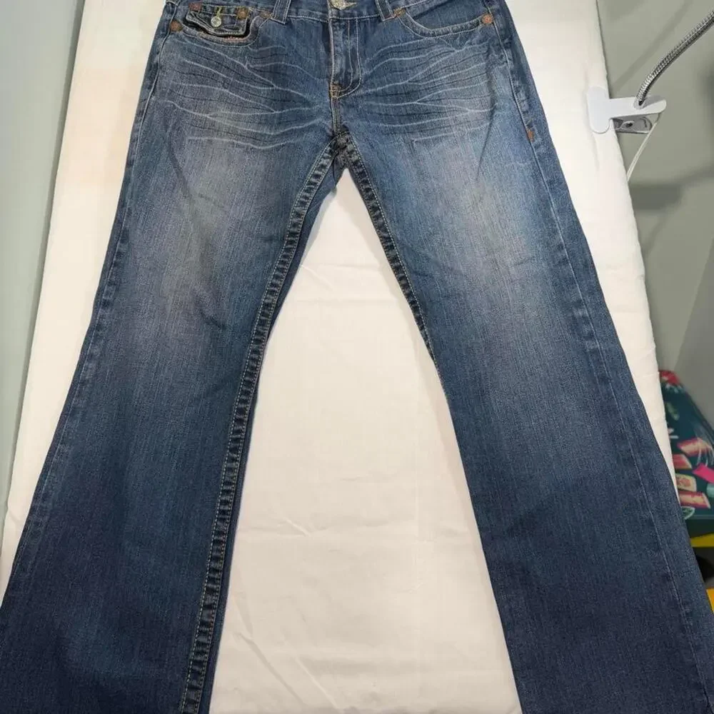 True Religion Joey Super T Jeans Womens 36/31 Rainbow Stitch Flare Low Rise Y2K